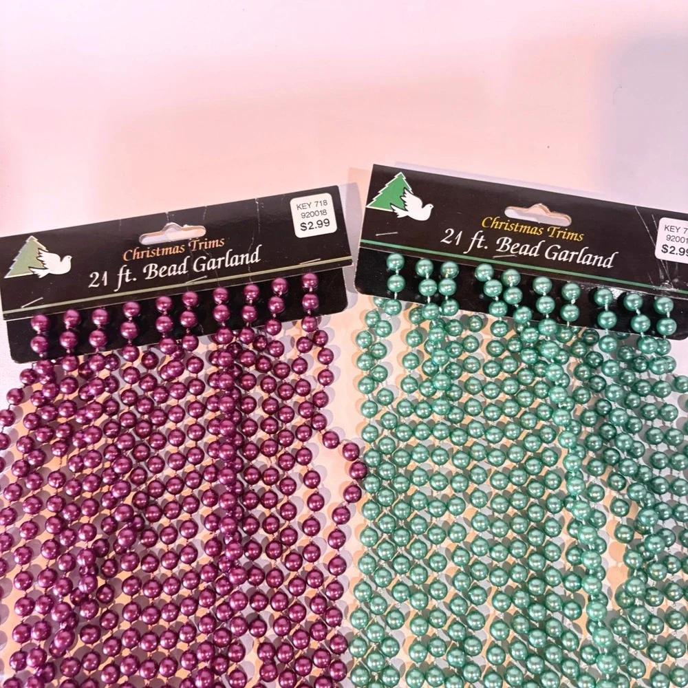 Christmas Trims 21 ft Bead Garland Set Purple Green Holiday Tree Decor 2 Pack